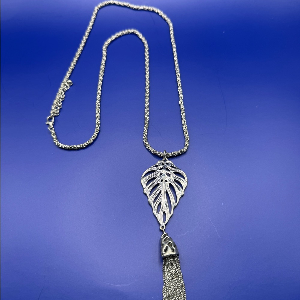 Silver Nature-Inspired Leaf Necklace with Tassel